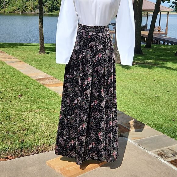Vintage Sz 12 Westminster Lace Velvet Black Floral Pleated Maxi Skirt Victorian - Picture 7 of 11